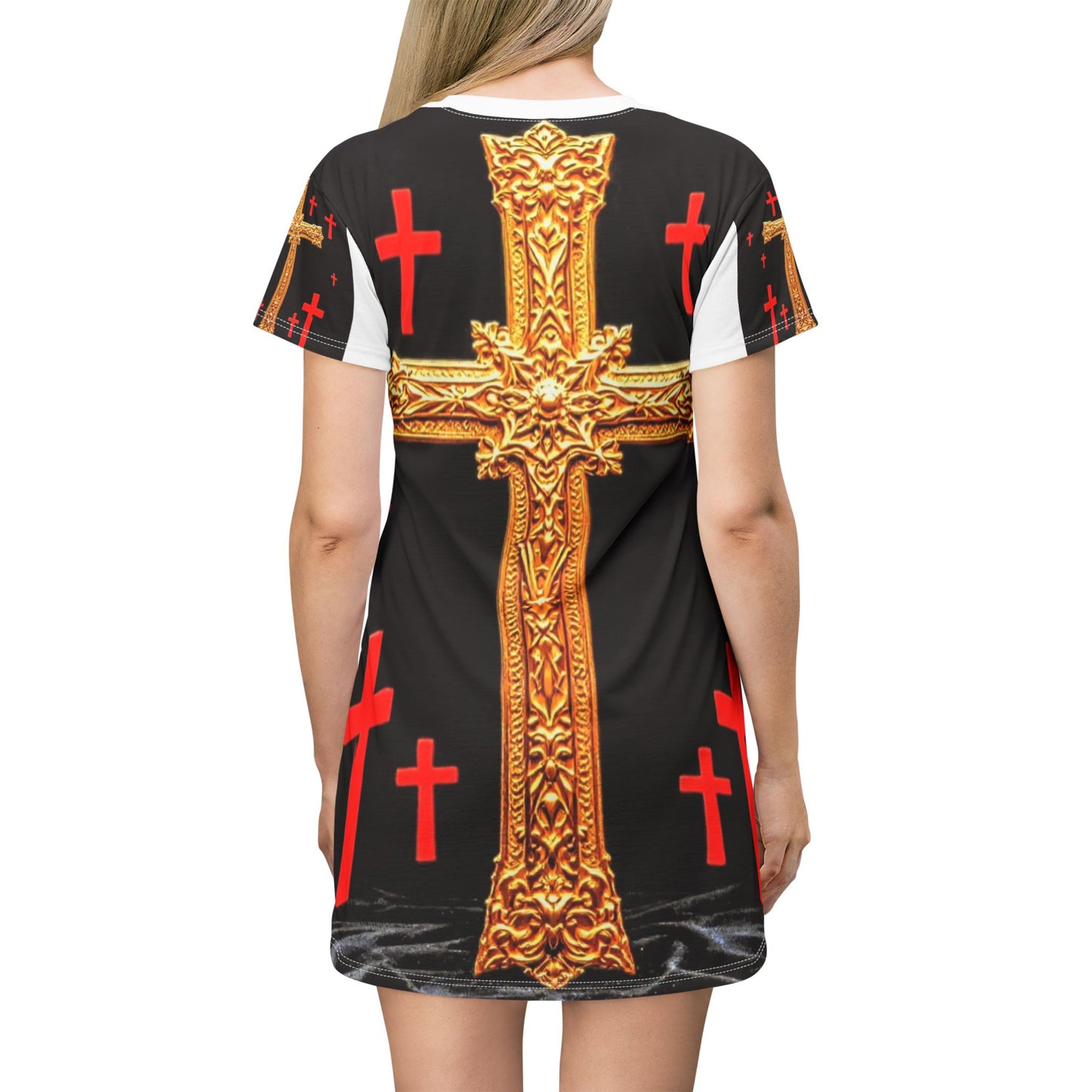 Gold Ornate Cross T‑Shirt Dress – Red Cross All‑Over Print