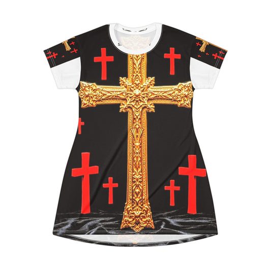 Gold Ornate Cross T‑Shirt Dress – Red Cross All‑Over Print