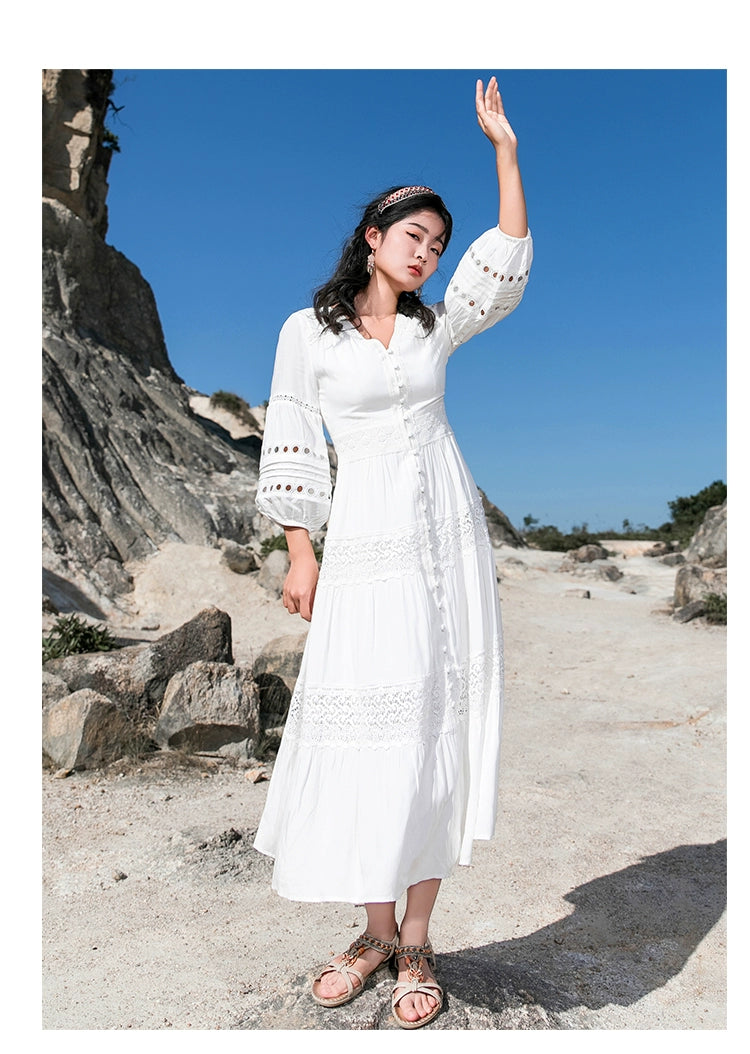 White Elegant Thai-Inspired Slim Dress – Retro Beach Resort Style