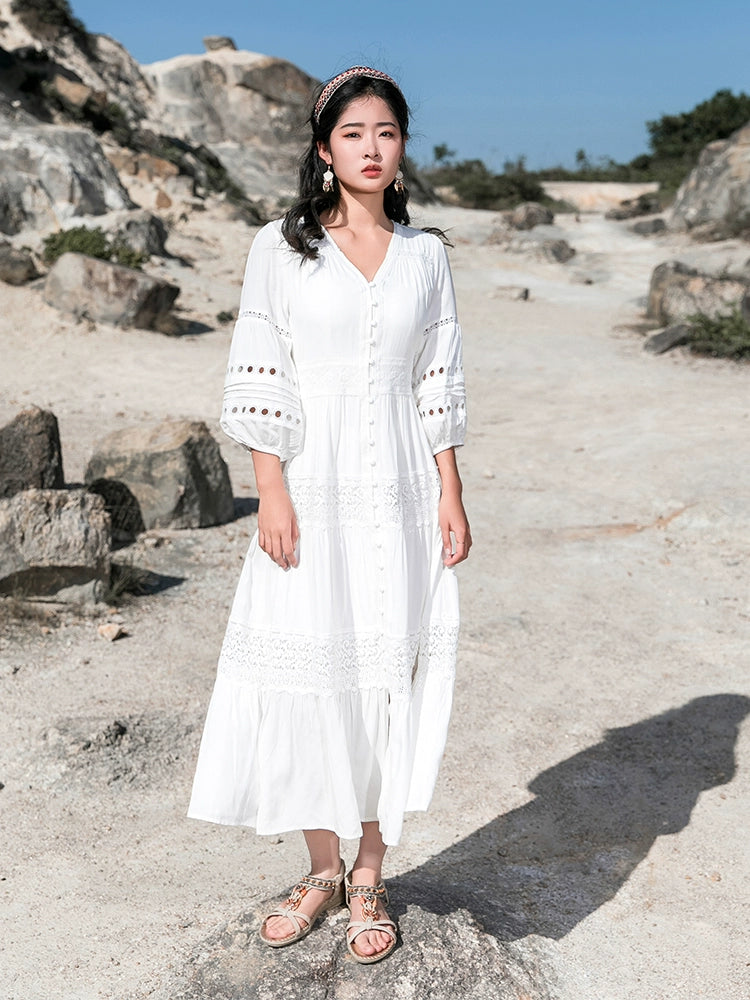 White Elegant Thai-Inspired Slim Dress – Retro Beach Resort Style