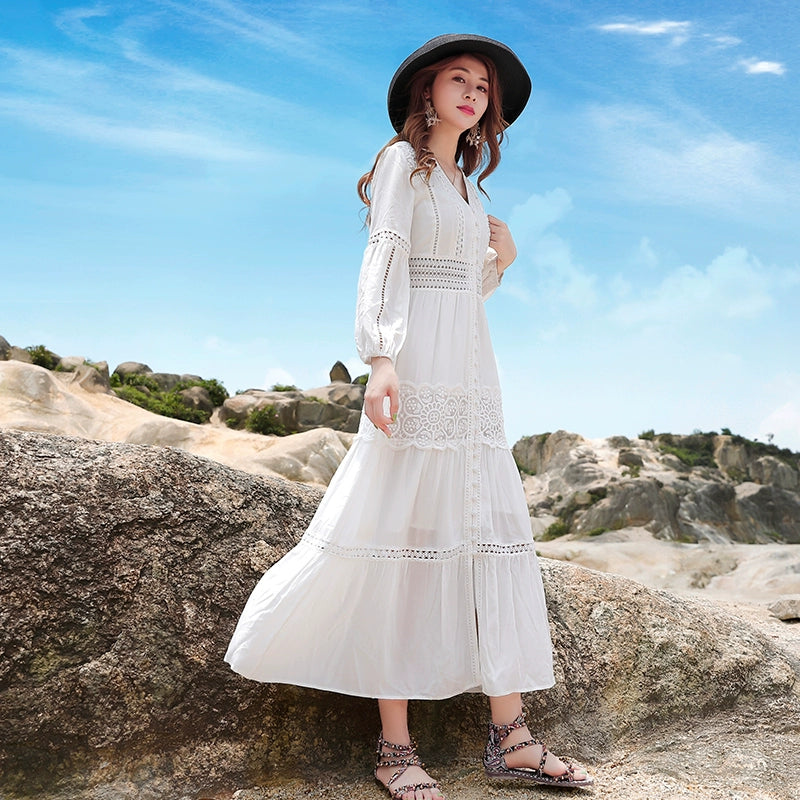 White Elegant Thai-Inspired Slim Dress – Retro Beach Resort Style