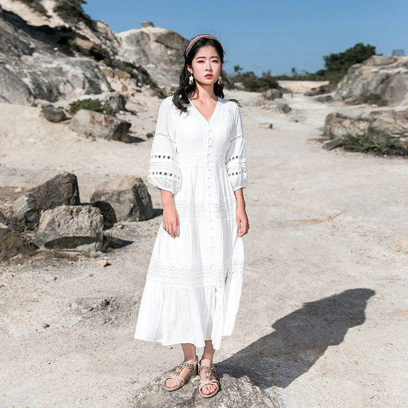 White Elegant Thai-Inspired Slim Dress – Retro Beach Resort Style