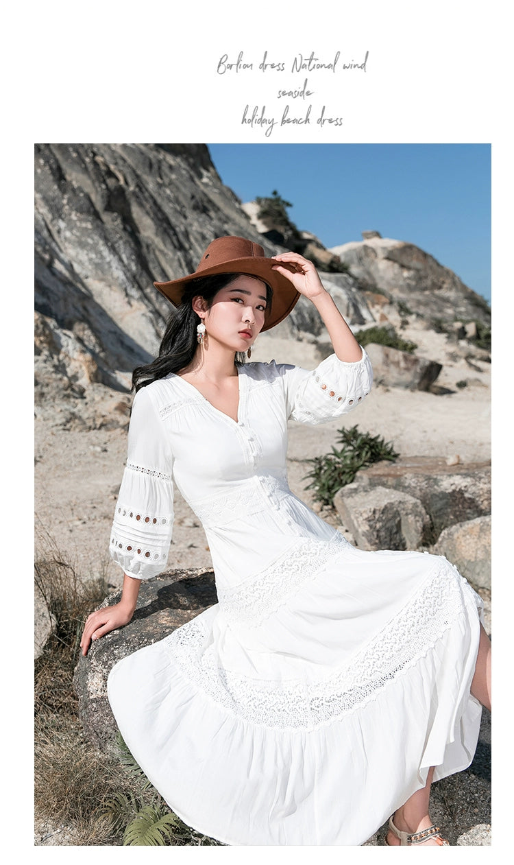White Elegant Thai-Inspired Slim Dress – Retro Beach Resort Style