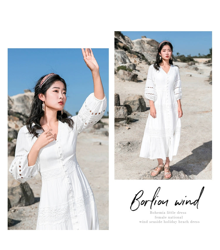 White Elegant Thai-Inspired Slim Dress – Retro Beach Resort Style