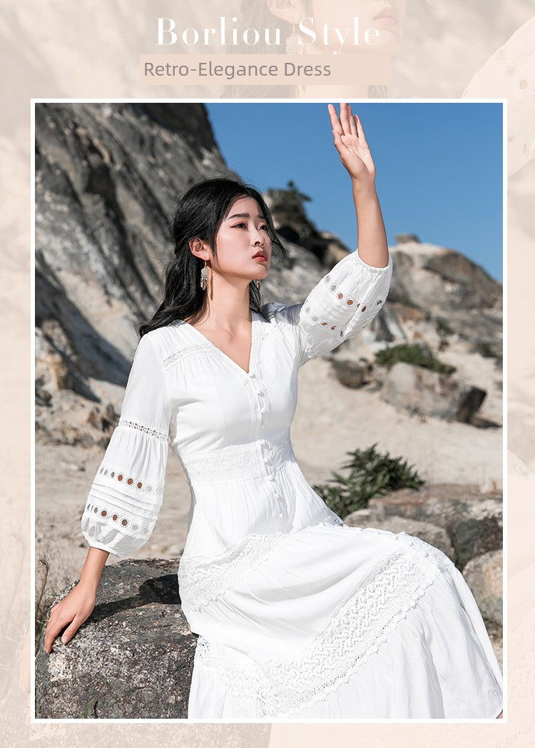White Elegant Thai-Inspired Slim Dress – Retro Beach Resort Style