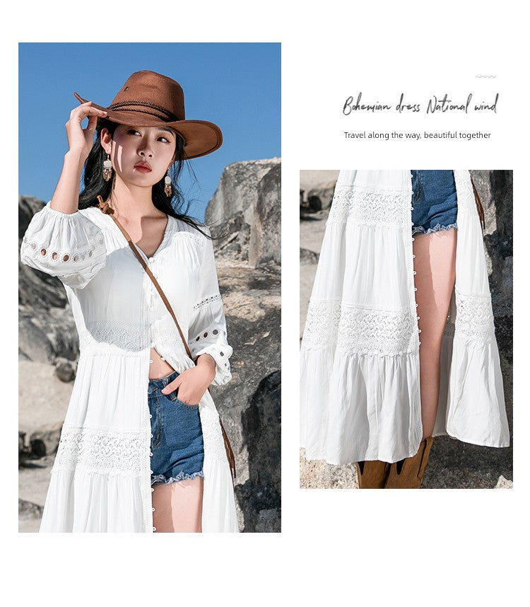 White Elegant Thai-Inspired Slim Dress – Retro Beach Resort Style