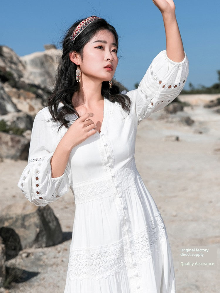 White Elegant Thai-Inspired Slim Dress – Retro Beach Resort Style