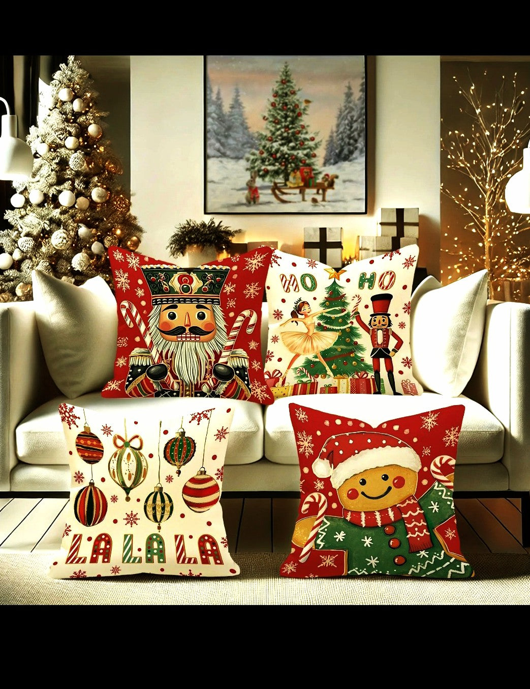Christmas Magic: Festive Nutcracker, Gingerbread, and Ornament-Printed Pillowcases sofas, bedroom pillow covers, holiday gifts