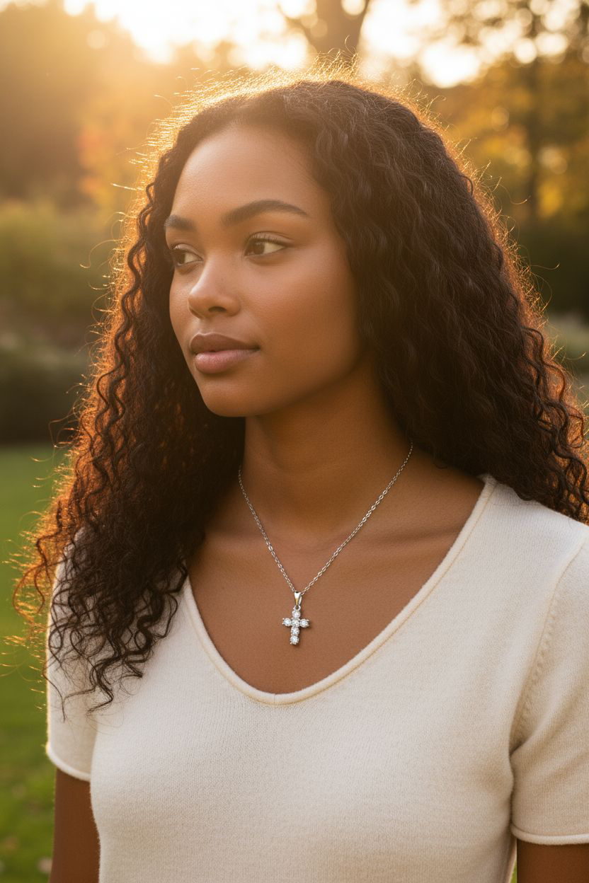 OXTAO 3mm Moissanite Cross Pendant Necklace - 925 Sterling Silver