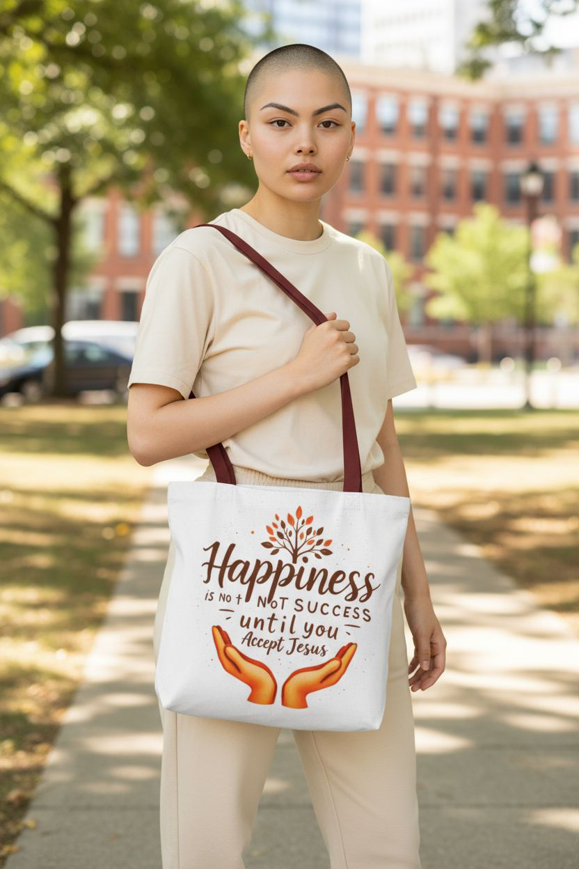 Inspirational Tote Bag - Happiness is Not Success Until You Accept Jesus, Faith, Christian Gift, Daily Use Bag, Eco-Friendly Shopper