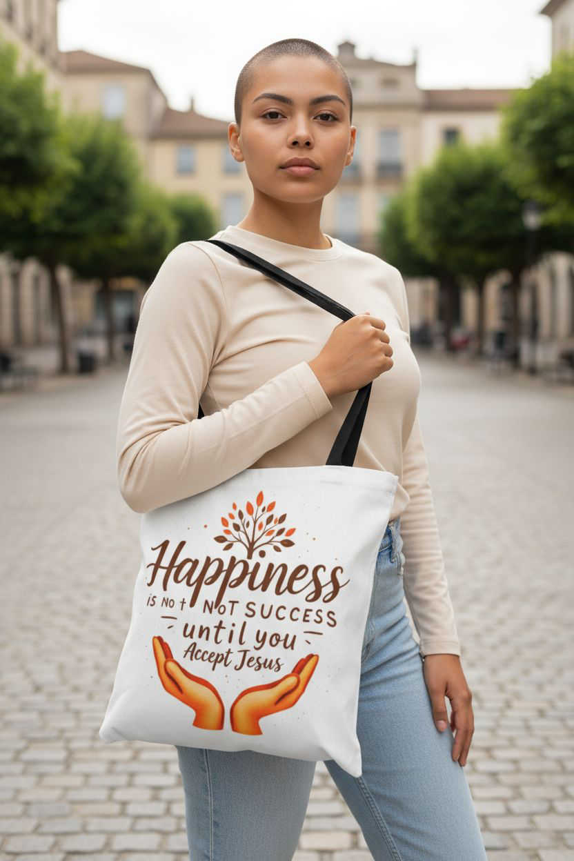 Inspirational Tote Bag - Happiness is Not Success Until You Accept Jesus, Faith, Christian Gift, Daily Use Bag, Eco-Friendly Shopper